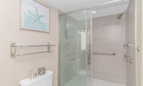Accessible bathroom in our penthouse suite at Dunes Village, Myrtle Beach.